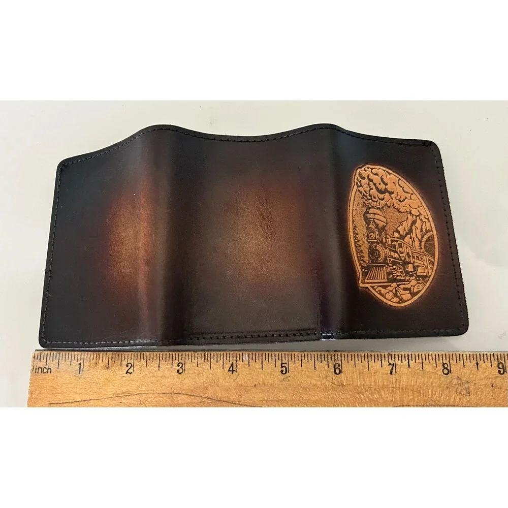 Vintage Tooled Leather Trifold Wallet Removable Card Insert Steam Locomotive NEW